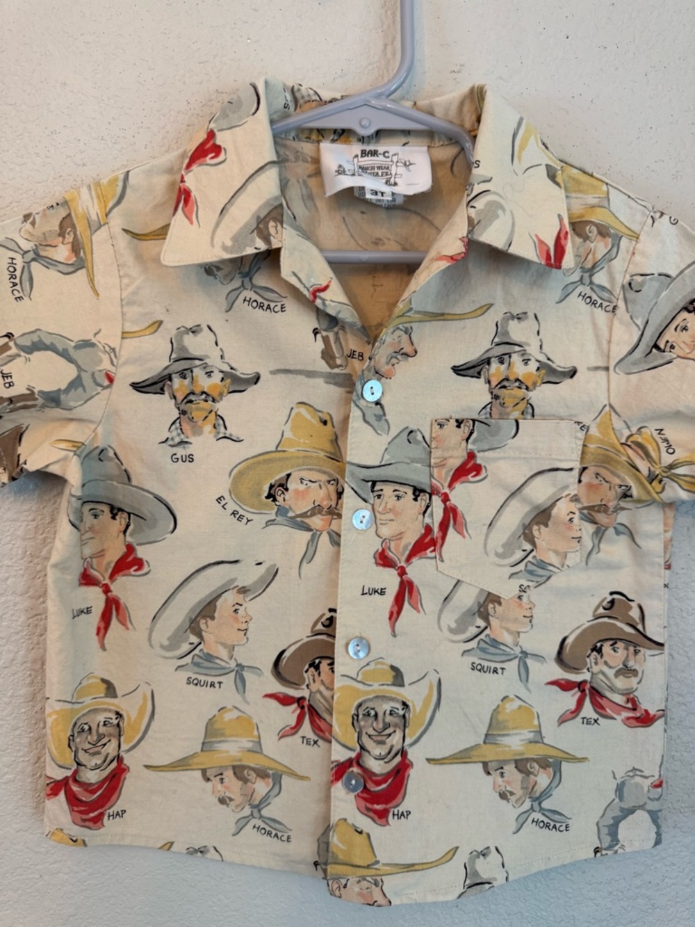 Kids Toddler 3T Vintage Beige Western Cowboy Print Button-Down Shirt